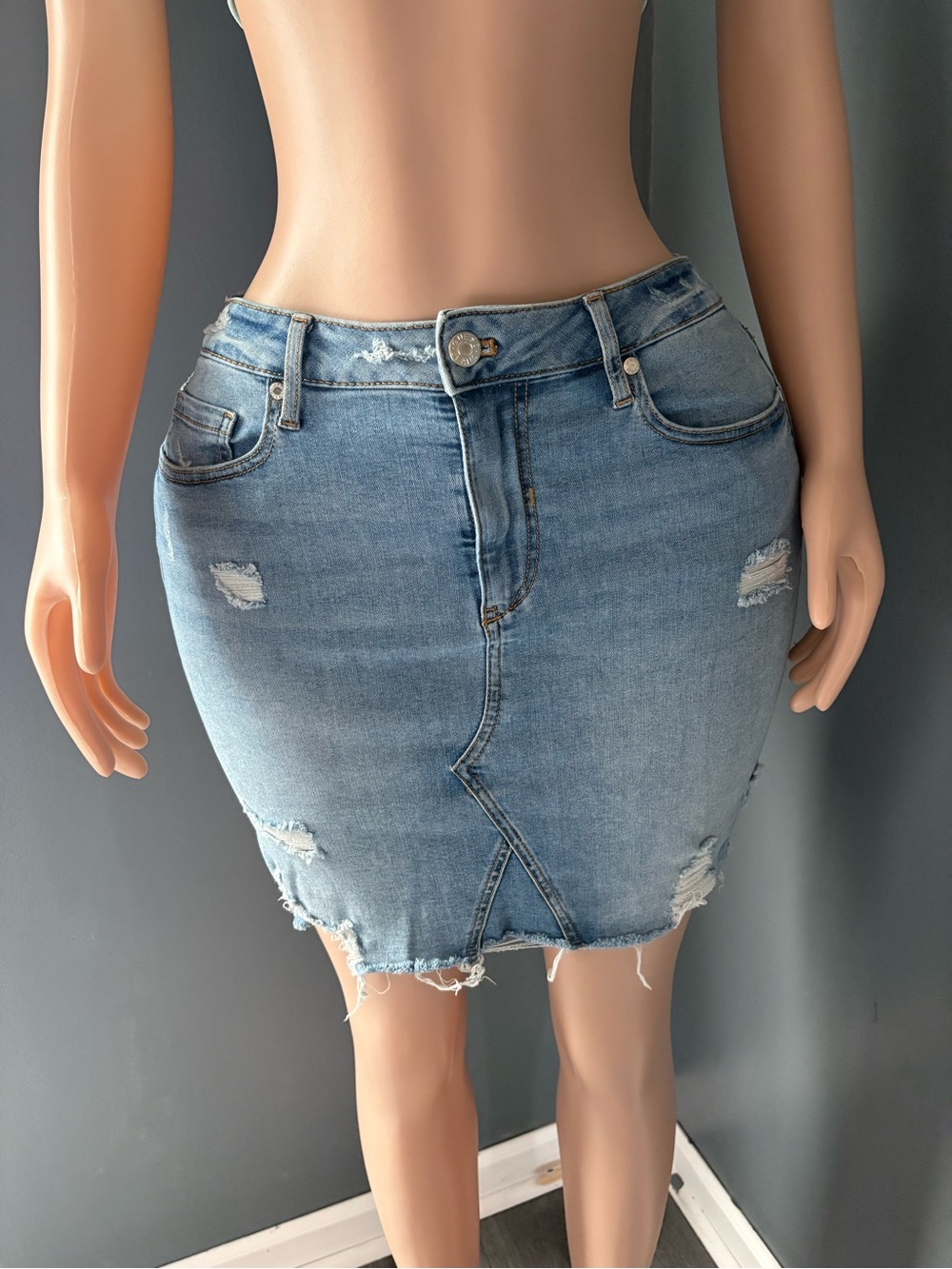 Guess Light Blue Distressed Denim Mini Skirt
